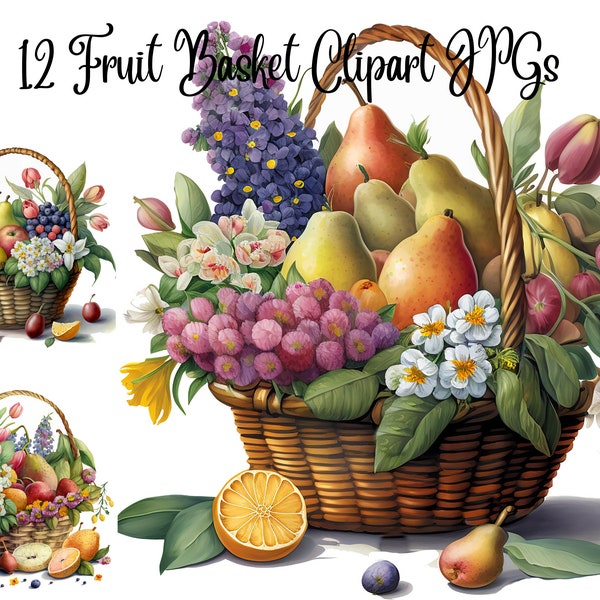 12 Fruit Basket clipart, Harvest Clipart, JPGs, Commercial use, Digital Download,Watercolor Clipart,Card Making,Clip Art,Digital Craft