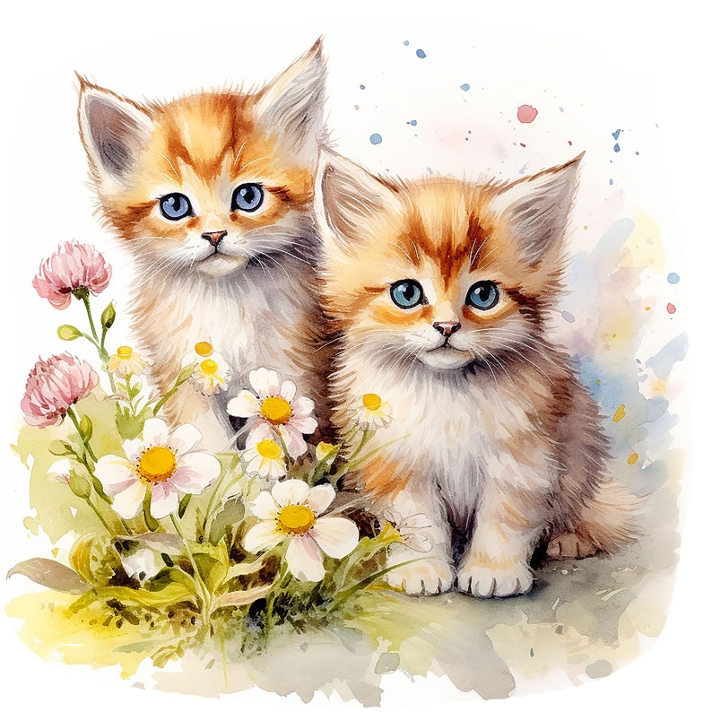 May include: A watercolour painting featuring two ginger kittens with blue eyes, sitting together. They are positioned amongst white daisies with yellow centres and pink clover flowers. The background has soft watercolour washes.