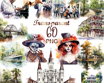 May include: A collection of watercolor illustrations featuring various scenes from New Orleans, including a street musician, a bridge, a church, a swamp, and a traditional house. The illustrations are in a vibrant, colorful style and are perfect for adding a touch of Southern charm to any project.