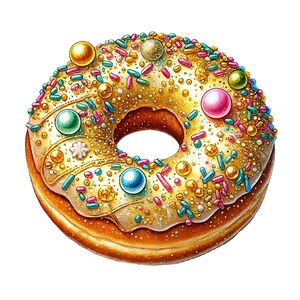 K&ouml;nnte beinhalten: Ein goldener Donut mit wei&szlig;em Zuckerguss und bunten Streuseln. Der Donut ist mit goldenen und blauen Perlen, rosa und gr&uuml;nen Kugeln verziert.