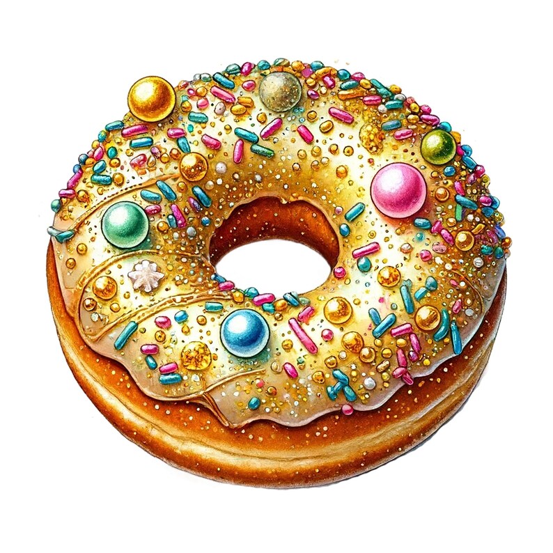 K&ouml;nnte beinhalten: Ein goldener Donut mit wei&szlig;em Zuckerguss und bunten Streuseln. Der Donut ist mit goldenen und blauen Perlen, rosa und gr&uuml;nen Kugeln verziert.