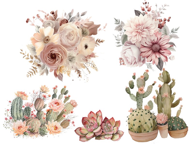 May include: A digital illustration of a set of four floral and cactus arrangements. The first arrangement features a bouquet of blush pink, cream, and beige flowers. The second arrangement features a bouquet of pink and cream flowers. The third arrangement features a cluster of cacti with pink flowers. The fourth arrangement features a cluster of succulents.