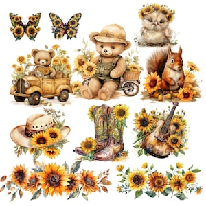 Puede incluir: Un conjunto de ilustraciones de acuarela con un oso de peluche, una ardilla, un pollito, una guitarra, un par de botas de vaquero, un coche y girasoles. Las ilustraciones son perfectas para manualidades, scrapbooking y otros proyectos creativos.