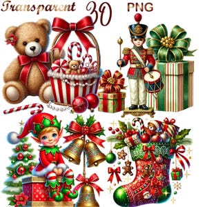 May include: A collection of Christmas-themed illustrations featuring a teddy bear, a toy soldier, a Christmas stocking, a Christmas elf, and a basket of candy canes and ornaments.
