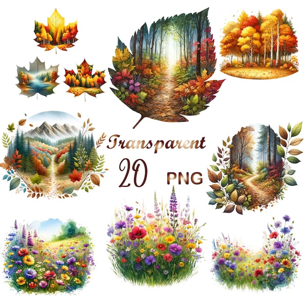 20 PNG,Watercolor Autumn landscape clipart,autumn leaves clipart,autumn field flowers,autumn clipart,watercolor autumn,autumn leaves clipart