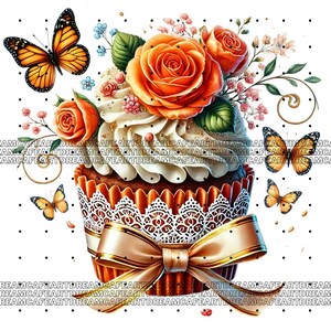 Puede incluir: Un cupcake decorado con glaseado blanco y rosas naranjas, acentuado con un lazo marr&oacute;n y un borde de encaje. Dos mariposas vuelan cerca.