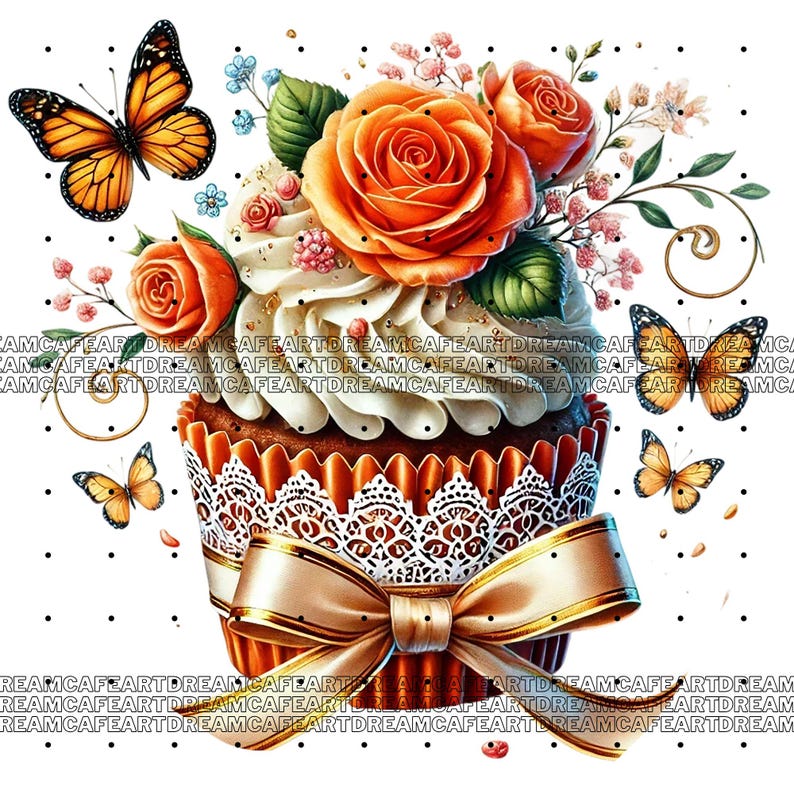 Puede incluir: Un cupcake decorado con glaseado blanco y rosas naranjas, acentuado con un lazo marr&oacute;n y un borde de encaje. Dos mariposas vuelan cerca.