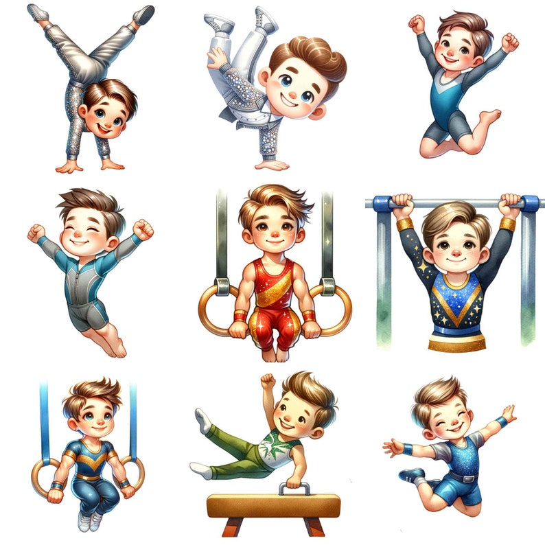 Puede incluir: Nueve ilustraciones de j&oacute;venes gimnastas realizando diferentes rutinas en varios aparatos de gimnasia. Los gimnastas llevan leotardos coloridos y se muestran en varias poses.
