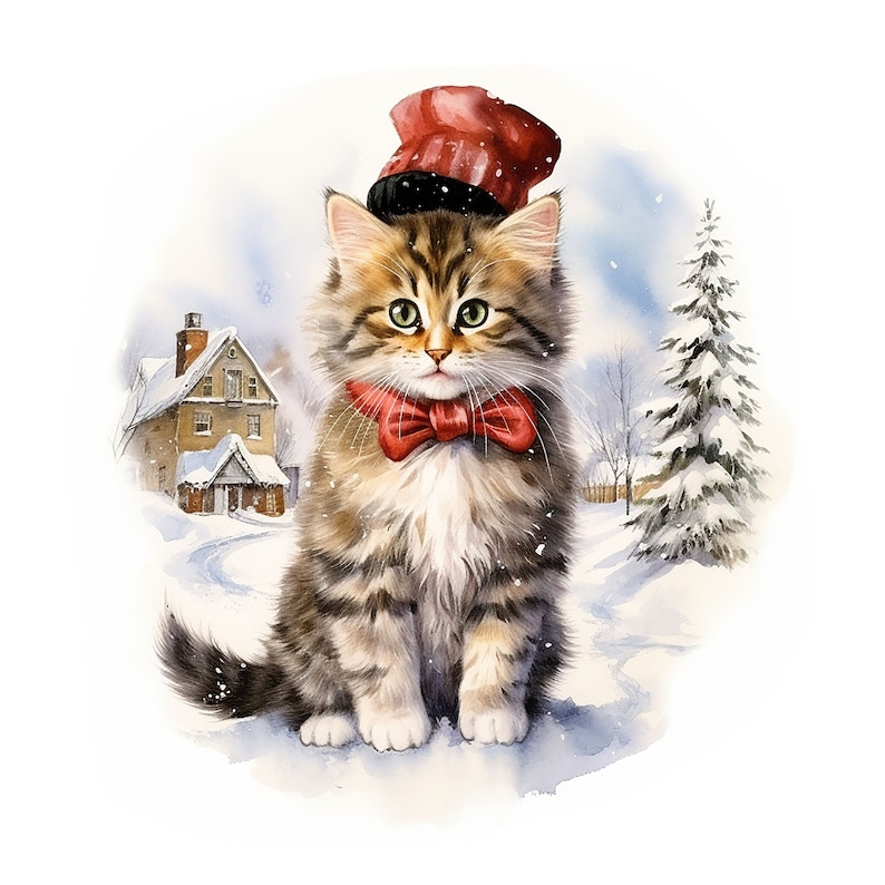 16 Winter Cat Clipart Jpgs, Printable Watercolor Clipart, Winter Cute ...