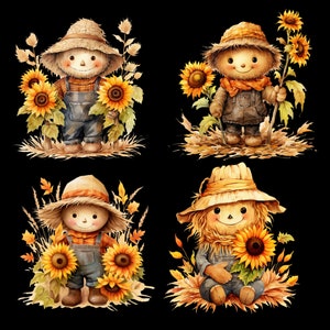 May include: Four watercolor illustrations of scarecrows with sunflowers on a black background. Each scarecrow wears a straw hat and overalls. The sunflowers are yellow and orange, with green leaves. The scarecrows are surrounded by autumn foliage.