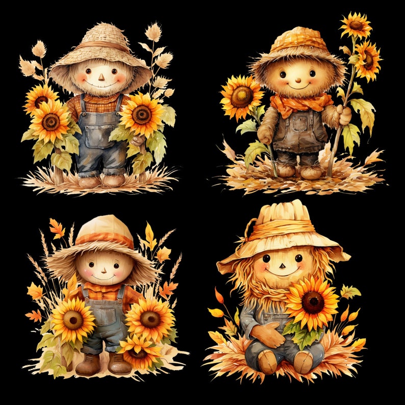 May include: Four watercolor illustrations of scarecrows with sunflowers on a black background. Each scarecrow wears a straw hat and overalls. The sunflowers are yellow and orange, with green leaves. The scarecrows are surrounded by autumn foliage.