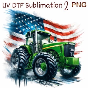K&ouml;nnte beinhalten: Ein gr&uuml;ner Traktor mit einer gro&szlig;en amerikanischen Flagge dahinter. Der Traktor hat gro&szlig;e Reifen und einen gelben Streifen an der Seite. Die Flagge weht im Wind.