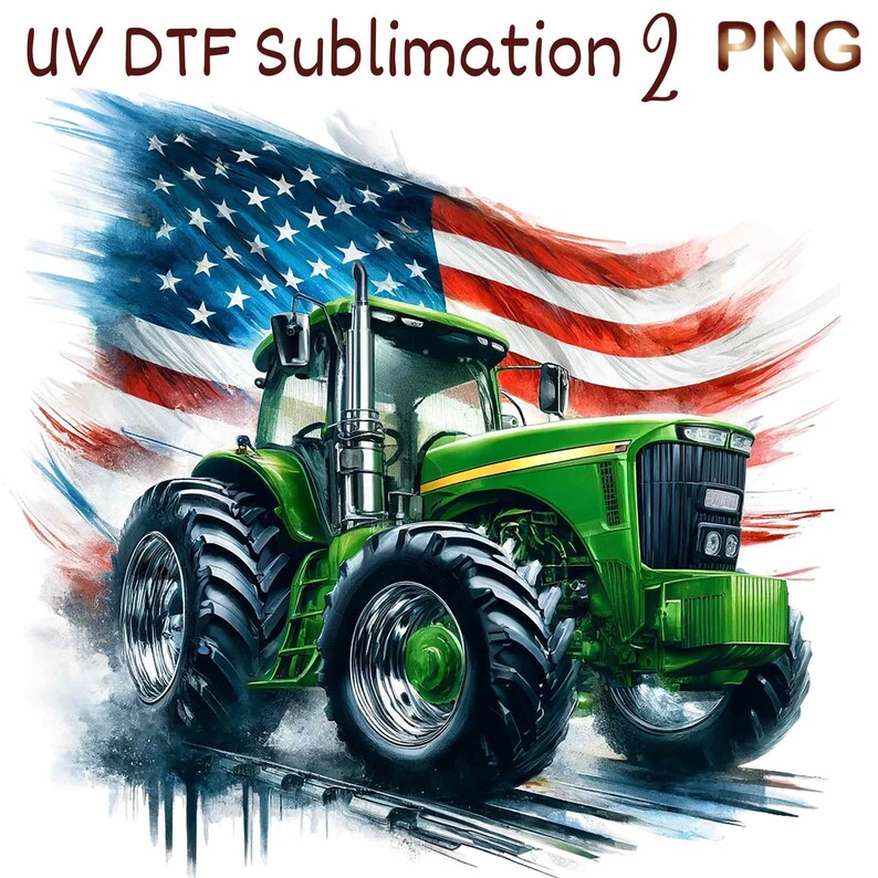 K&ouml;nnte beinhalten: Ein gr&uuml;ner Traktor mit einer gro&szlig;en amerikanischen Flagge dahinter. Der Traktor hat gro&szlig;e Reifen und einen gelben Streifen an der Seite. Die Flagge weht im Wind.