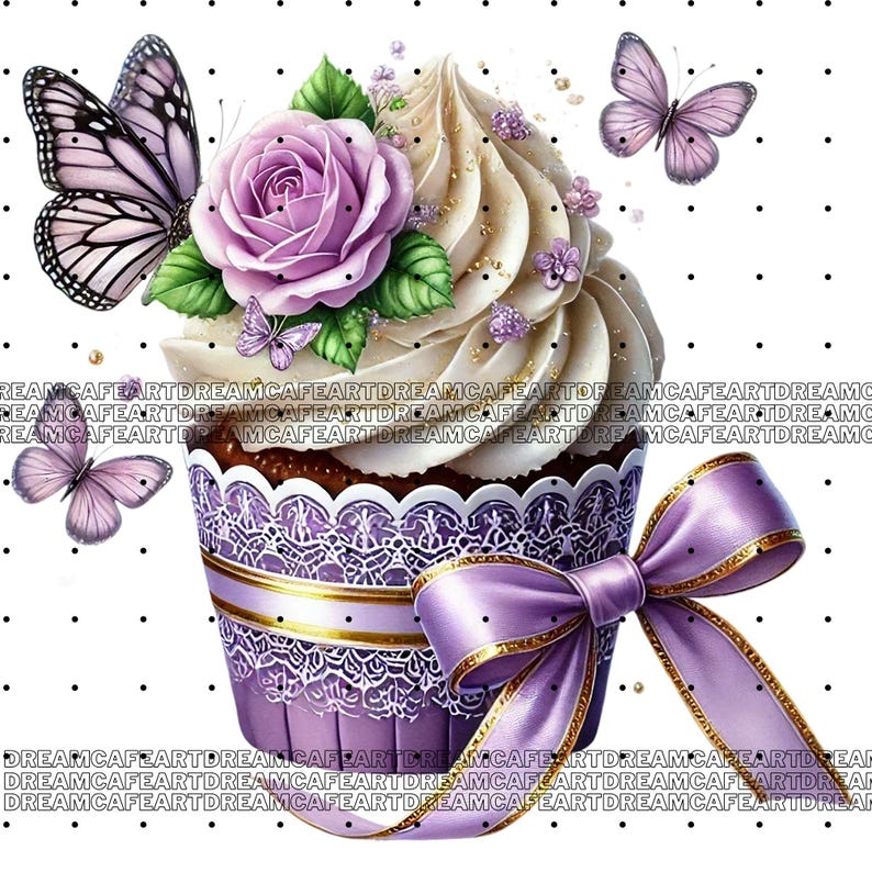 Puede incluir: Un cupcake morado con glaseado blanco y una rosa morada en la parte superior. El cupcake est&aacute; decorado con purpurina dorada y una cinta morada. Dos mariposas moradas vuelan alrededor del cupcake.