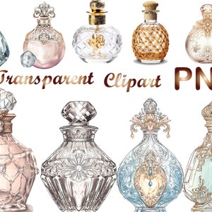 May include: Set of 11 transparent perfume bottles with ornate gold and silver detailing. The bottles are various shapes and sizes, with some featuring crystal accents.  The bottles are isolated on a white background.