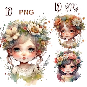 10 PNGs/JPGs Flower Fairies Clipart, Watercolor Fairy Girls, Floral Chibi Girls, Digital Paper Crafting, Digital Planner, Watercolor fairies