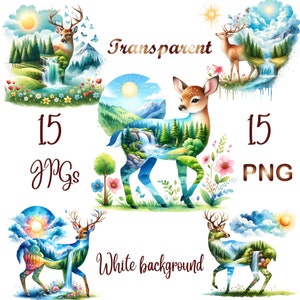 15 PNG/JPG, Watercolor Baby Deer forest clipart bundle, cute deer, woodland animal, nursery, floral, printable images, baby shower decor