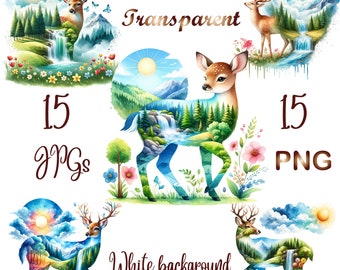 15 PNG/JPG, Watercolor Baby Deer forest clipart bundle, cute deer, woodland animal, nursery, floral, printable images, baby shower decor