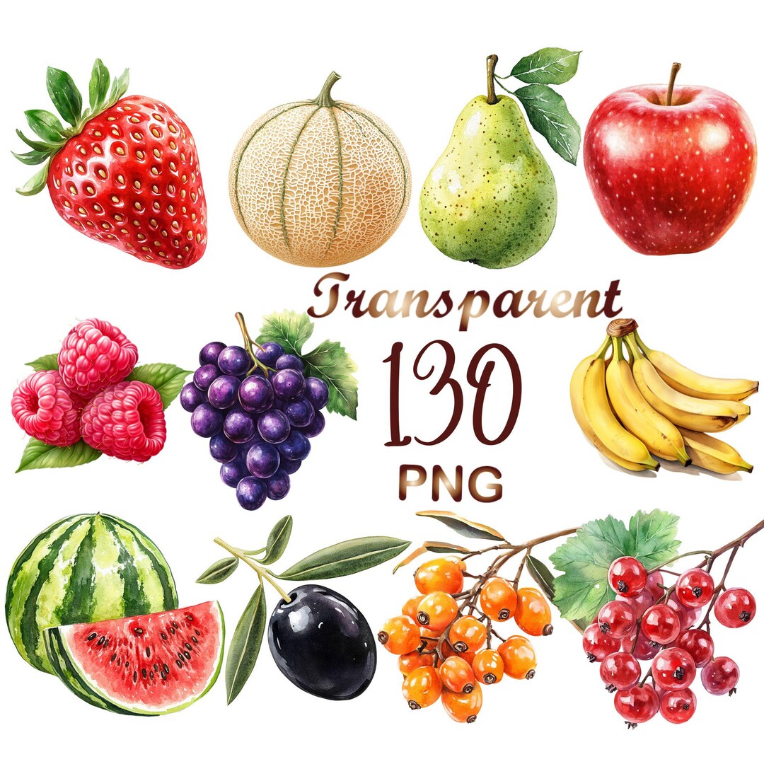 130 Watercolor Fruit Clipart PNG, Tropical & Fresh Fruits Bundle ...