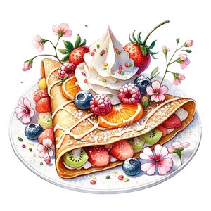 K&ouml;nnte beinhalten: Ein Cr&ecirc;pe gef&uuml;llt mit frischem Obst, Schlagsahne und einer Prise Puderzucker. Der Cr&ecirc;pe liegt auf einem wei&szlig;en Teller mit rosa Bl&uuml;ten.