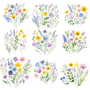 60 Watercolor Wildflower PNG Bundle, Pastel Floral Borders, Meadow Flowers Clipart, Botanical Set, Digital Download, Commercial Use image 2