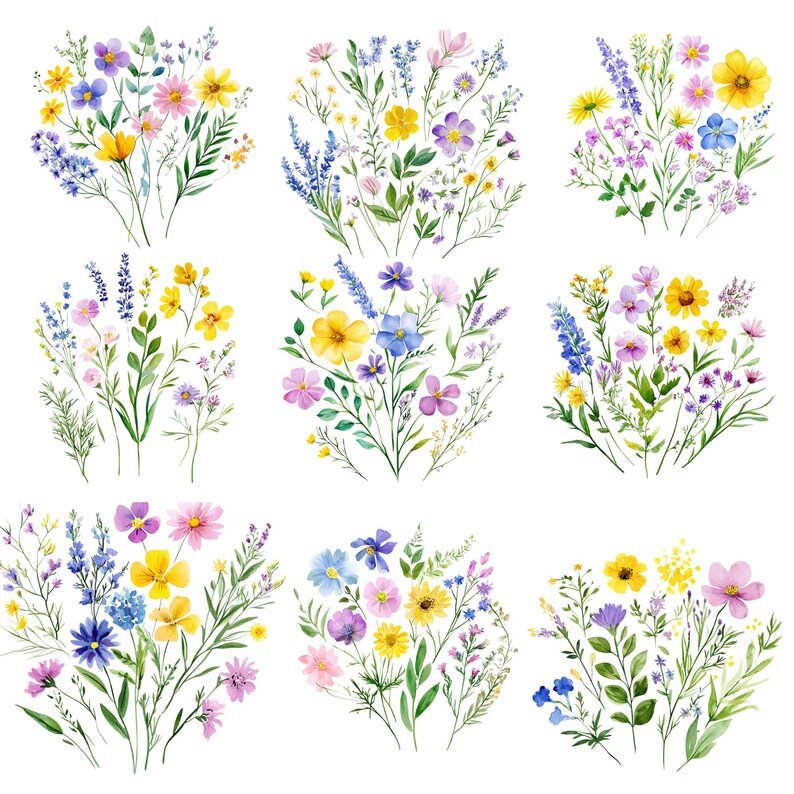 60 Watercolor Wildflower PNG Bundle, Pastel Floral Borders, Meadow Flowers Clipart, Botanical Set, Digital Download, Commercial Use image 2