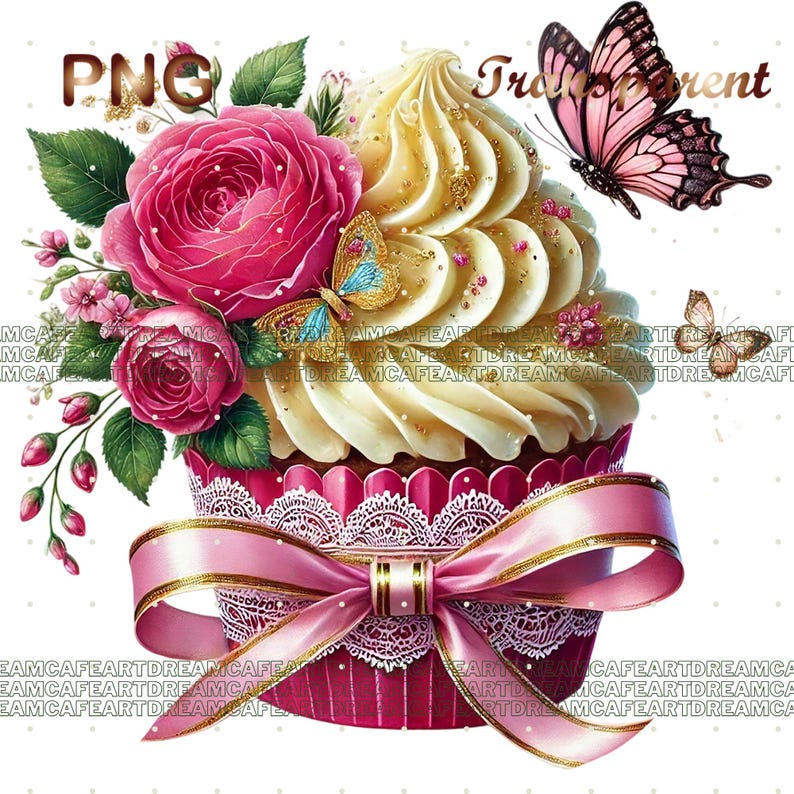 Puede incluir: Un cupcake rosa con glaseado blanco y chispas doradas, decorado con un lazo rosa y encaje. Una rosa rosa y hojas verdes est&aacute;n dispuestas alrededor del cupcake, con una mariposa posada en la parte superior.