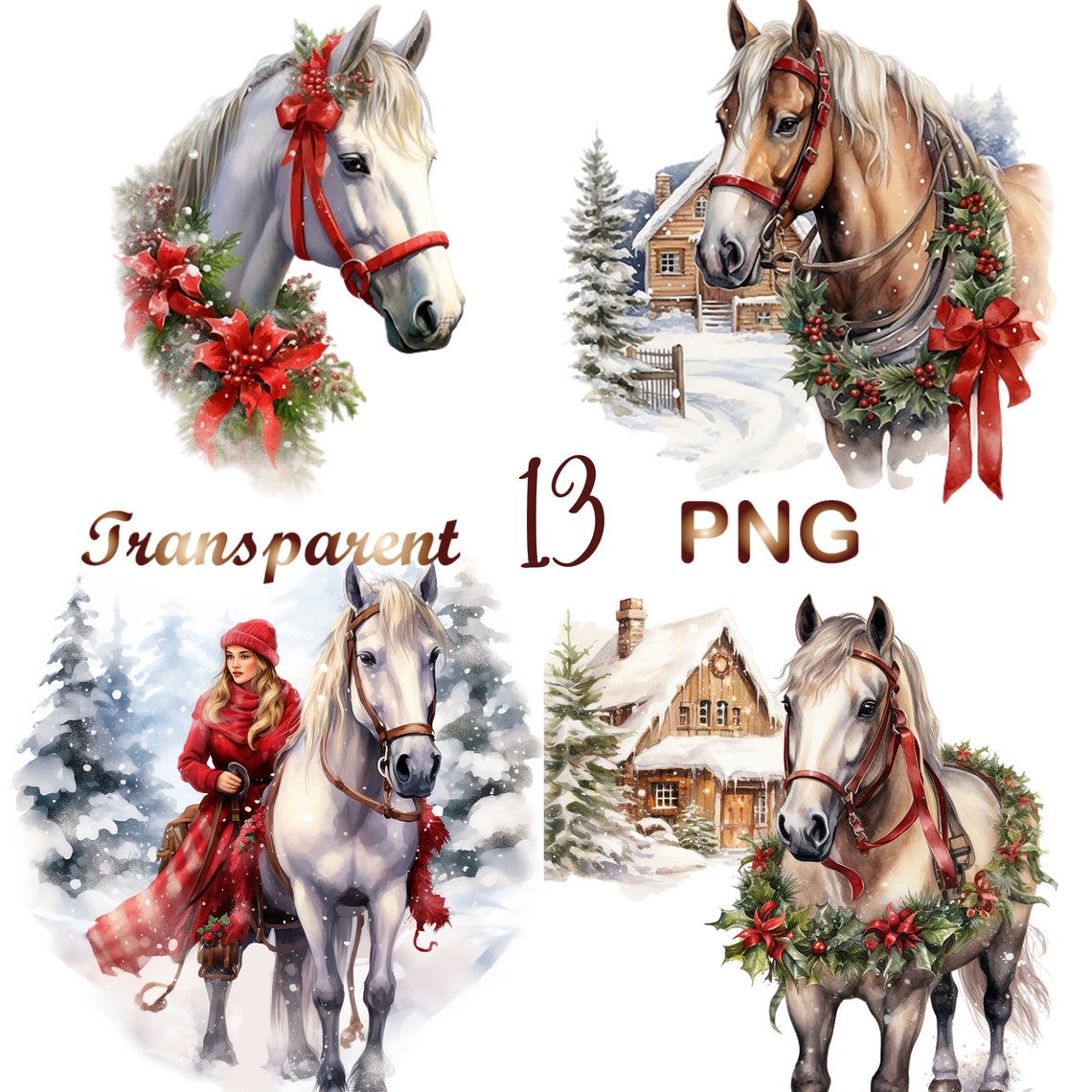 13 PNG, Christmas Horse Clipart Bundle, Watercolor Clipart PNG, Horse ...
