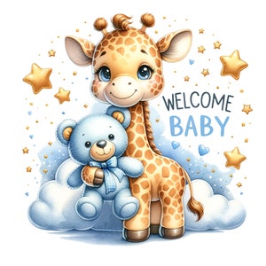 Może przedstawiać: Uroczy rysunkowy żyraf z niebieskim pluszowym misiem, otoczony złotymi gwiazdami i niebieskimi sercami na białym tle. Tekst "WELCOME BABY" jest napisany niebieskimi literami.