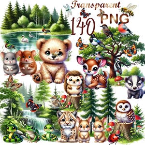 140 PNG Watercolor Cute Woodland Animal & Bird Clipart, Forest Animals and Birds,Kid's Clipart,Sublimination,Digital Download,Commercial Use