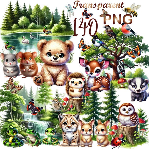 140 PNG Watercolor Cute Woodland Animal & Bird Clipart, Forest Animals and Birds,Kid's Clipart,Sublimination,Digital Download,Commercial Use
