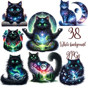 May include: A set of 38 digital illustrations featuring black cats with mystical and celestial designs. Each cat is surrounded by stars, planets, moons, and other celestial elements. The cats have glowing green eyes and are depicted in various poses, including sitting, meditating, and standing.