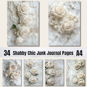 34 Seiten alte Rosen Shabby Chic Junk Journal, Digitales Scrapbook Papier Kit, Vintage Rosen Printable, Neutrale Ephemera, Distressed Collage Sheet