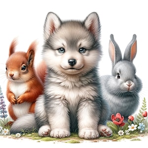Puede incluir: Un cachorro gris y blanco se sienta con una ardilla roja y un conejo gris. Los animales est&aacute;n rodeados de hierba verde y flores coloridas.