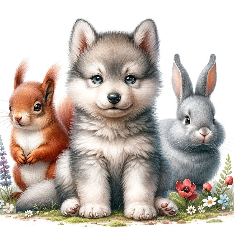 Puede incluir: Un cachorro gris y blanco se sienta con una ardilla roja y un conejo gris. Los animales est&aacute;n rodeados de hierba verde y flores coloridas.