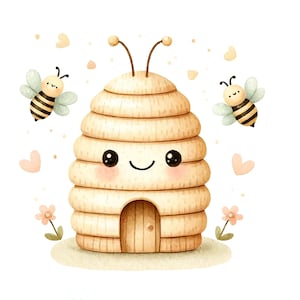 K&ouml;nnte beinhalten: Ein Cartoon-Bienenstock mit einem l&auml;chelnden Gesicht und zwei Bienen, die um ihn herum fliegen. Der Bienenstock ist braun und hat eine kleine T&uuml;r. Die Bienen sind gelb und schwarz mit Fl&uuml;geln.