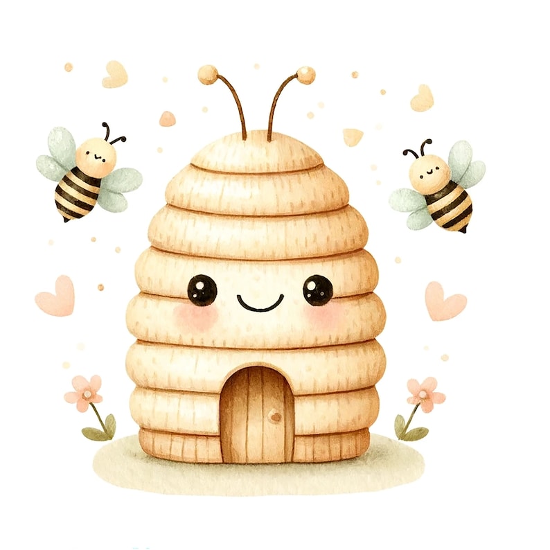 K&ouml;nnte beinhalten: Ein Cartoon-Bienenstock mit einem l&auml;chelnden Gesicht und zwei Bienen, die um ihn herum fliegen. Der Bienenstock ist braun und hat eine kleine T&uuml;r. Die Bienen sind gelb und schwarz mit Fl&uuml;geln.