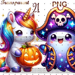 May include: A colourful unicorn holding a jack-o'-lantern pumpkin and a purple ghost wearing a pirate hat with a skull and crossbones.