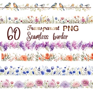 60 PNG Flower Border, Floral clipart, Seamless flower border, wildflower clip art, wildflower frame, Commercial Use  for crafts.