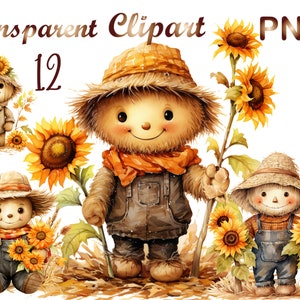 May include: Watercolor illustration featuring several scarecrow characters with sunflowers. The scarecrows wear hats, overalls, and scarves. The text "Transparent Clipart PNG 12" is at the top of the image.