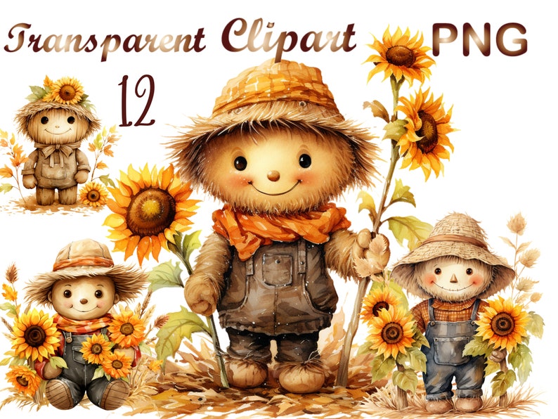 May include: Watercolor illustration featuring several scarecrow characters with sunflowers. The scarecrows wear hats, overalls, and scarves. The text "Transparent Clipart PNG 12" is at the top of the image.