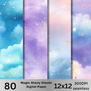 Magic Starry Clouds Digital Paper – 80 Seamless Dreamy Pastel Sky Background – Starry Watercolor Cloud Digital Download