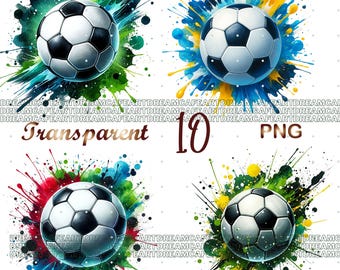 以下が含まれることがあります： カラフルなペイントの飛沫が背景にあるサッカーボールのデジタルイラストが4つあります。サッカーボールは白で、黒の五角形と六角形があります。ペイントの飛沫は、青、緑、黄、赤、オレンジの色合いです。