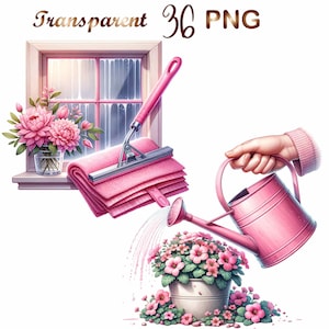May include: A pink watering can with a handle is being used to water a potted plant with pink flowers. The plant is sitting on a white surface. There is a pink window squeegee with a pink microfiber cloth on a window in the background.