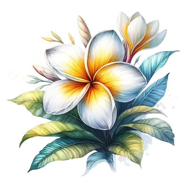 Peut inclure: Une peinture &agrave; l'aquarelle d'une fleur de frangipanier blanche avec un centre jaune, entour&eacute;e de feuilles vertes et bleues.