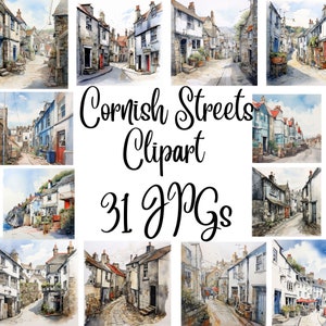 Puede incluir: Un conjunto de clipart digital de 31 ilustraciones de acuarela de calles de Cornualles. Las ilustraciones presentan calles estrechas y sinuosas bordeadas de edificios de piedra, algunos con puertas y ventanas de colores. El texto "Cornish Streets Clipart 31 JPGs" se muestra en el centro de la imagen.