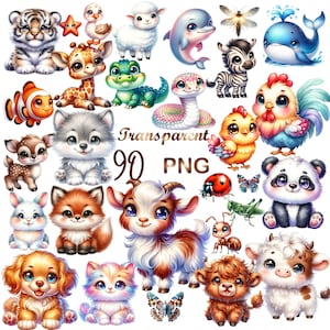 90 PNG, Watercolor Baby Animals bundle, Cute Animal Clipart, Watercolor Cute Animal Clipart, Nursery Print, Digital Download, Commercial Use