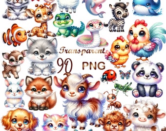 90 PNG, Watercolor Baby Animals bundle, Cute Animal Clipart, Watercolor Cute Animal Clipart, Nursery Print, Digital Download, Commercial Use