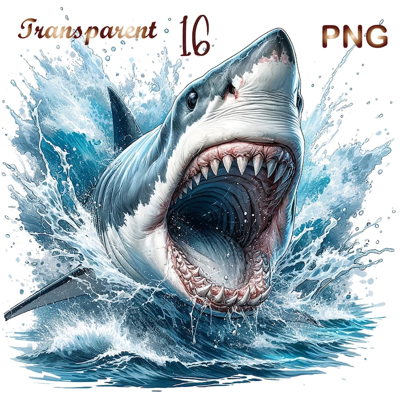 May include: A great white shark with its mouth open, leaping out of the water. The shark is white with a gray back and has sharp teeth. The water is blue and white with splashes of water.