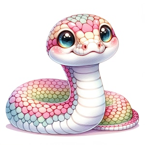 May include: A colorful cartoon snake with a pink, green, and blue patterned body. The snake has large, blue eyes and a white belly.